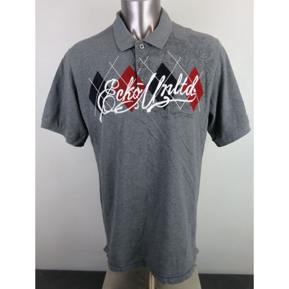 Mens Ecko Unltd Gray Polo Shirt Embroidered Royal Rhino Kings Of Creativity‎ XL
